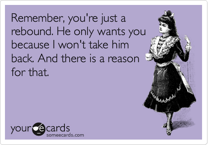 Remember, you're just a
rebound. He only wants you
because I won't take him
back. And there is a reason
for that.