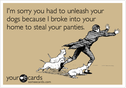 I'm sorry you had to unleash your dogs because I broke into your home to steal your panties.