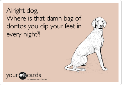 Alright dog, 
Where is that damn bag of 
doritos you dip your feet in
every night?!