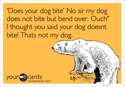 'Does your dog bite' No sir my dog does not bite but bend over. Ouch" I thought you said your dog doesnt bite! Thats not my dog.