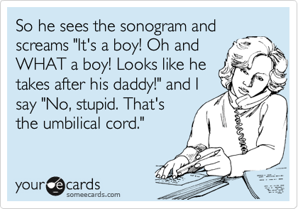 So he sees the sonogram and
screams "It's a boy! Oh and
WHAT a boy! Looks like he
takes after his daddy!" and I
say "No, stupid. That's
the umbilical cord." 