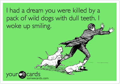 I had a dream you were killed by a pack of wild dogs with dull teeth. I woke up smiling.