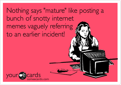 Nothing says "mature" like posting a bunch of snotty internet
memes vaguely referring
to an earlier incident!