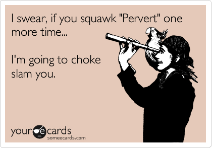 I swear, if you squawk "Pervert" one more time... 

I'm going to choke
slam you.