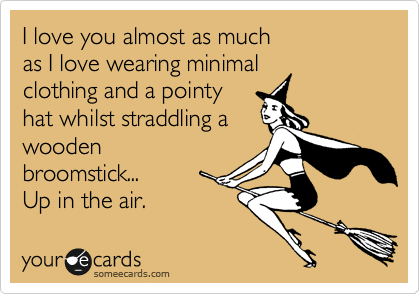 I love you almost as much
as I love wearing minimal
clothing and a pointy
hat whilst straddling a
wooden
broomstick...
Up in the air.