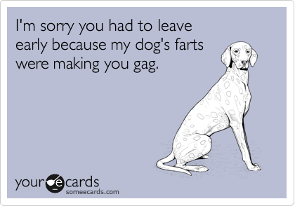 I'm sorry you had to leave
early because my dog's farts
were making you gag.