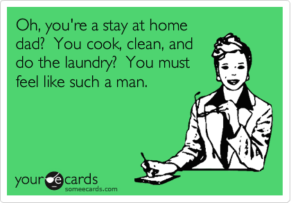 Oh, you're a stay at home
dad?  You cook, clean, and
do the laundry?  You must
feel like such a man.