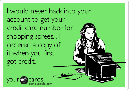 I would never hack into your account to get your
credit card number for
shopping sprees... I
ordered a copy of
it when you first
got credit.