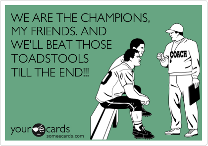 WE ARE THE CHAMPIONS,
MY FRIENDS. AND
WE'LL BEAT THOSE
TOADSTOOLS
TILL THE END!!!