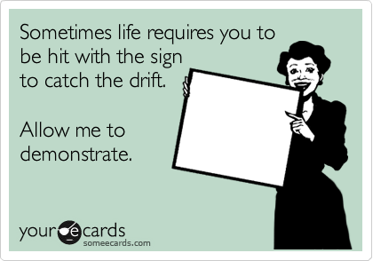 Sometimes life requires you to
be hit with the sign
to catch the drift.

Allow me to
demonstrate.