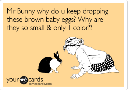 Mr Bunny why do u keep dropping these brown baby eggs? Why are they so small & only 1 color??