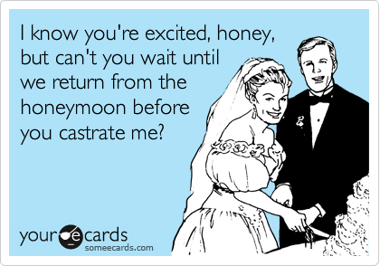 I know you're excited, honey,
but can't you wait until 
we return from the
honeymoon before
you castrate me?