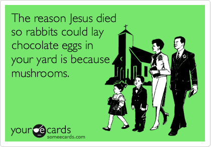 The reason Jesus died
so rabbits could lay
chocolate eggs in
your yard is because
mushrooms.