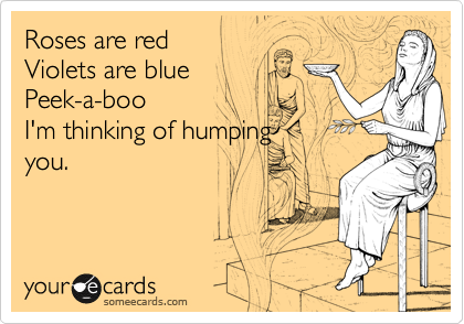 Roses are red
Violets are blue
Peek-a-boo
I'm thinking of humping
you.