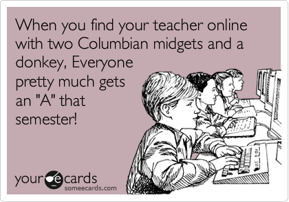 When you find your teacher online with two Columbian midgets and a donkey, Everyone
pretty much gets
an "A" that
semester!