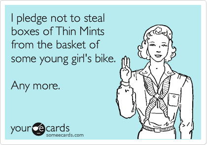 I pledge not to steal
boxes of Thin Mints
from the basket of
some young girl's bike.

Any more.
