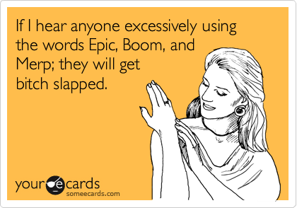 If I hear anyone excessively using the words Epic, Boom, and 
Merp; they will get
bitch slapped. 