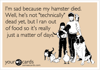 I'm sad because my hamster died. Well, he's not "technically"
dead yet, but I ran out 
of food so it's really
 just a matter of days.