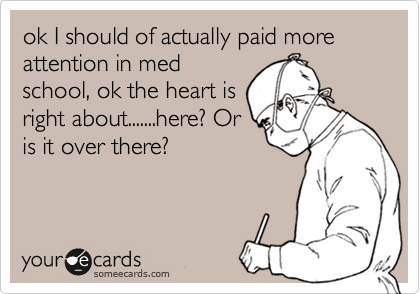 ok I should of actually paid more attention in med
school, ok the heart is
right about.......here? Or
is it over there? 
