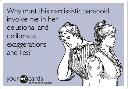 Why must this narcissistic paranoid
involve me in her
delusional and 
deliberate
exaggerations 
and lies?