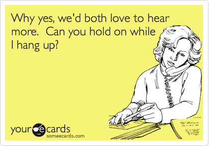 Why yes, we'd both love to hear
more.  Can you hold on while
I hang up?
