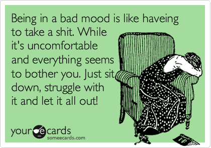 Being in a bad mood is like haveing to take a shit. While
it's uncomfortable
and everything seems
to bother you. Just sit
down, struggle with
it and let it all out! 