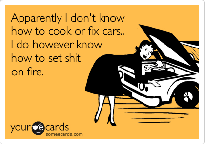 Apparently I don't know
how to cook or fix cars..
I do however know 
how to set shit
on fire.