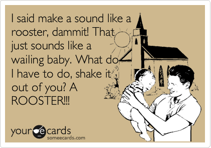 I said make a sound like a
rooster, dammit! That
just sounds like a 
wailing baby. What do
I have to do, shake it
out of you? A
ROOSTER!!!