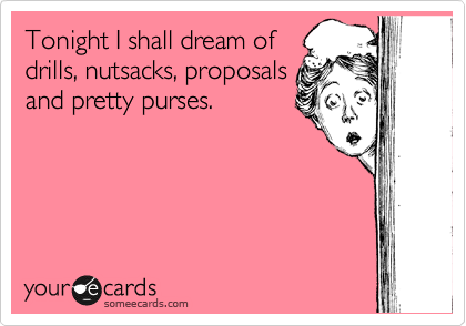 Tonight I shall dream of
drills, nutsacks, proposals
and pretty purses.