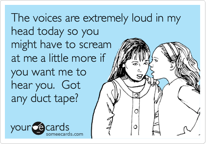 The voices are extremely loud in my head today so you
might have to scream
at me a little more if
you want me to
hear you.  Got
any duct tape?
