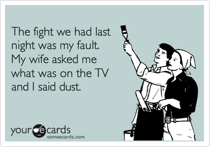 
The fight we had last 
night was my fault.
My wife asked me
what was on the TV
and I said dust.