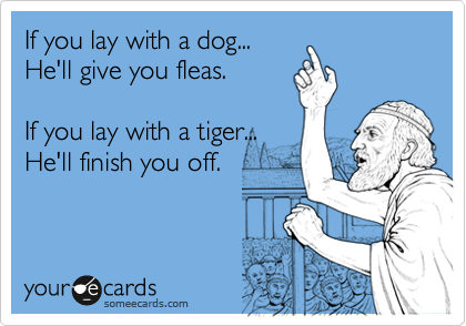 If you lay with a dog...
He'll give you fleas.

If you lay with a tiger...
He'll finish you off.