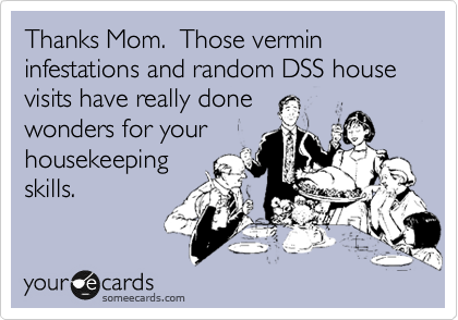 Thanks Mom.  Those vermin infestations and random DSS house visits have really done
wonders for your
housekeeping
skills.