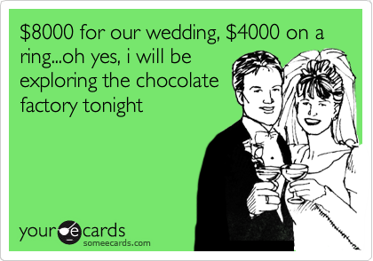 %248000 for our wedding, %244000 on a ring...oh yes, i will be
exploring the chocolate
factory tonight