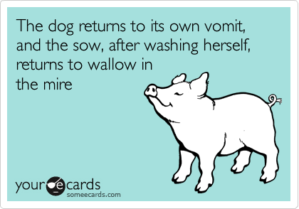The dog returns to its own vomit, and the sow, after washing herself, returns to wallow in
the mire