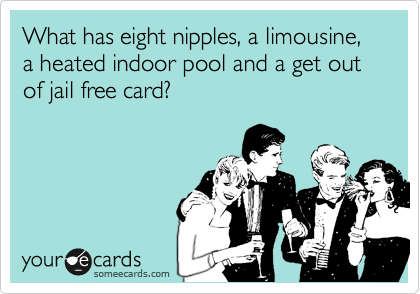 What has eight nipples, a limousine, a heated indoor pool and a get out of jail free card?