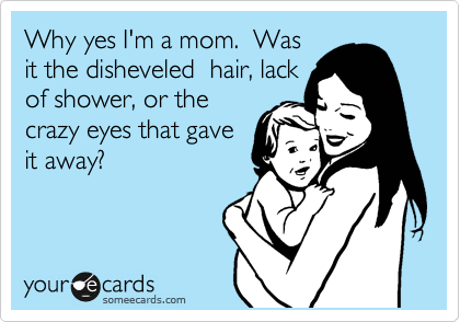 Why yes I'm a mom.  Was
it the disheveled  hair, lack 
of shower, or the
crazy eyes that gave
it away?