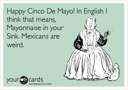 Happy Cinco De Mayo! In English I think that means,
Mayonnaise in your
Sink. Mexicans are
weird.