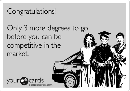 Congratulations!

Only 3 more degrees to go
before you can be
competitive in the
market.