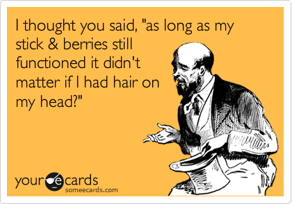 I thought you said, "as long as my    stick & berries still
functioned it didn't
matter if I had hair on
my head?"