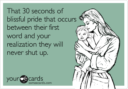That 30 seconds of
blissful pride that occurs
between their first
word and your
realization they will
never shut up.