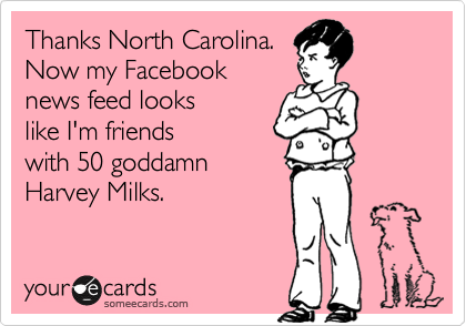 Thanks North Carolina.
Now my Facebook
news feed looks 
like I'm friends 
with 50 goddamn 
Harvey Milks.