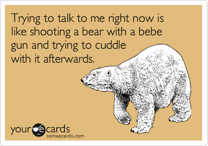 Trying to talk to me right now is like shooting a bear with a bebe gun and trying to cuddle
with it afterwards.