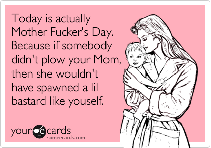 Today is actually
Mother Fucker's Day. 
Because if somebody
didn't plow your Mom,
then she wouldn't
have spawned a lil
bastard like youself. 