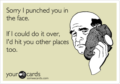 Sorry I punched you in
the face.

If I could do it over,
I'd hit you other places
too.