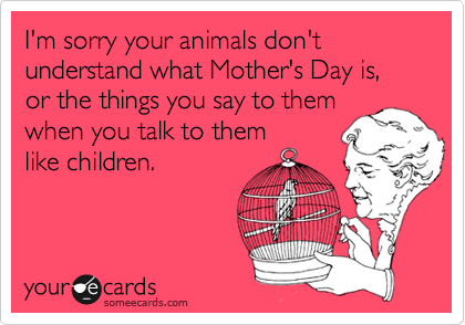 I'm sorry your animals don't understand what Mother's Day is, or the things you say to them
when you talk to them
like children.