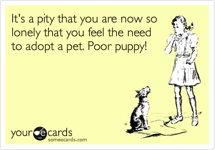 It's a pity that you are now so
lonely that you feel the need
to adopt a pet. Poor puppy!