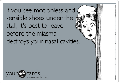 If you see motionless and
sensible shoes under the
stall, it's best to leave
before the miasma
destroys your nasal cavities.