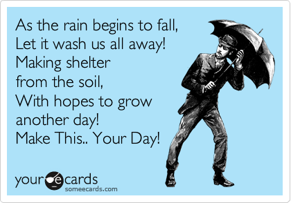 As the rain begins to fall,
Let it wash us all away!
Making shelter
from the soil,
With hopes to grow
another day!
Make This.. Your Day! 