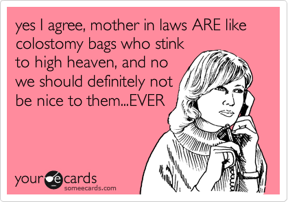 yes I agree, mother in laws ARE like colostomy bags who stink
to high heaven, and no
we should definitely not
be nice to them...EVER